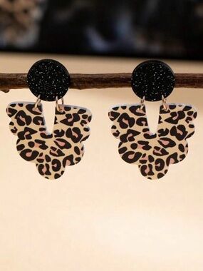 Leopard Print Dangle Earrings with Black Glitter Studs